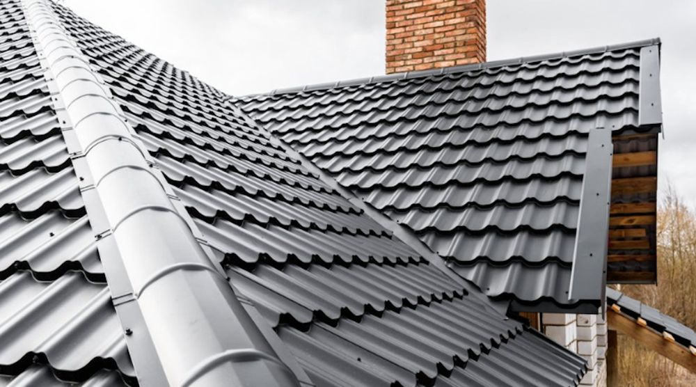 Metal tile roof detail with brick chimney, Austin TX